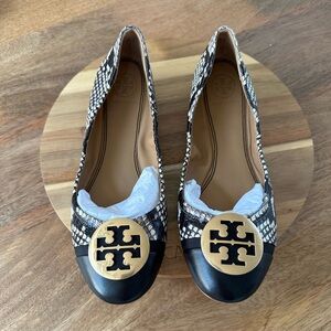 Tory Burch Minnie cap toe ballet, stamped snake printed leather.